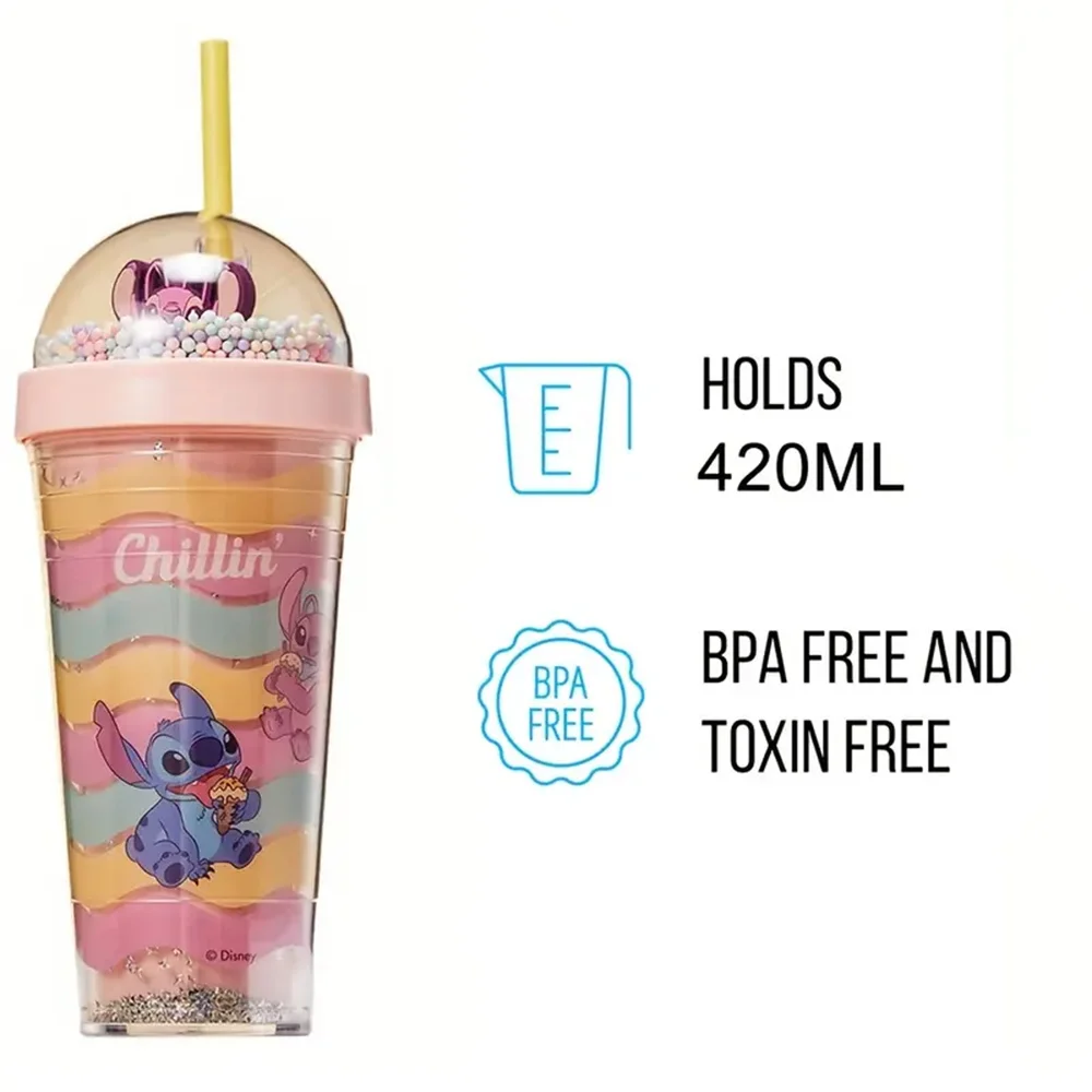 420ml MINISO Disney Lilo & Stitch Angelo Coppia Cartoon Doppio Strato di Plastica Tazza di Acqua Tazze di Paglia Regalo Portatile per ragazzo e ragazza