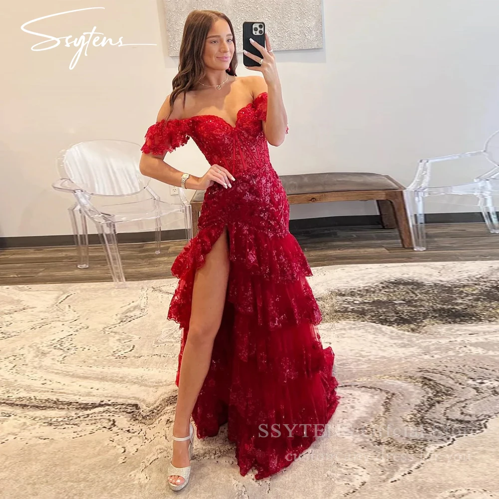 

SSYTENS Luxury Red Sequined Prom Dress Sweetheart Tiered Birthday Dress Shiny Off the Shoulder Party Dresses Women Customized