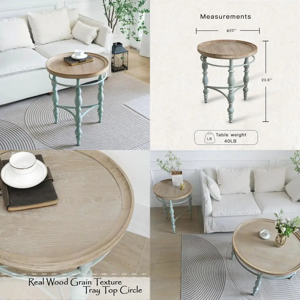 

Rustic Farmhouse Style Round End Table, French Country Vintage Side Table, 20.1 Inch Diameter x 23.6 Inch Height, Solid Wood wit
