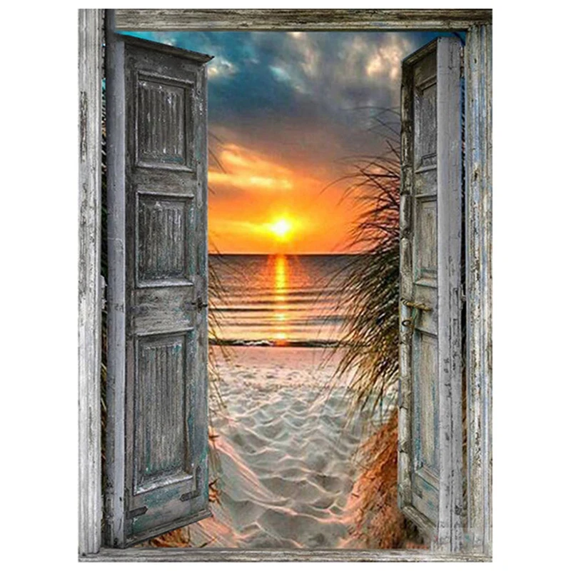 

40X30cm DIY Diamond Painting Full Circle Diamond Embroidery Cartoon Sea View Outside The Door Home Decoration Crafts