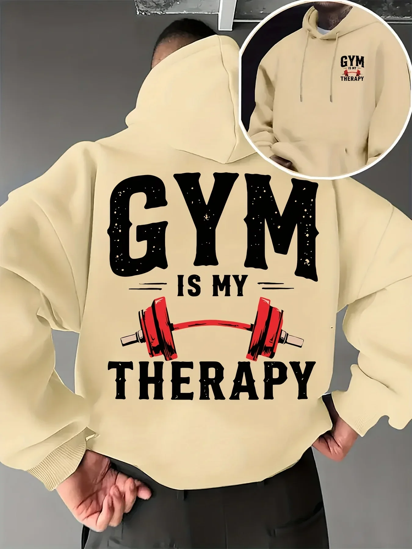 Moletom com capuz estampado para homens, cor damasco, com letras e barra de peso, estampa nas costas, modelo oversized, roupa esportiva para treino.