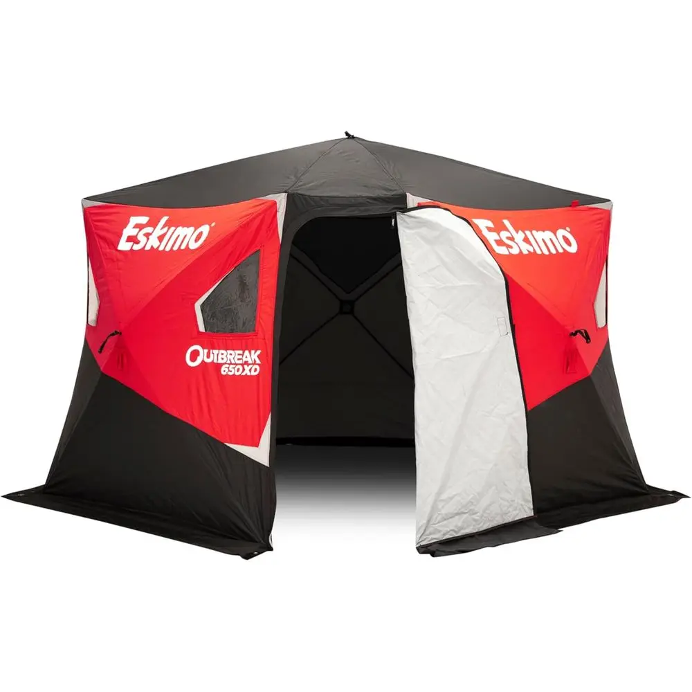 

Portable Ice Fishing Shelter with Insulated Fabric, No-Trip Door, Durable Hub Design, Deluxe Tie-Downs, Red/Black