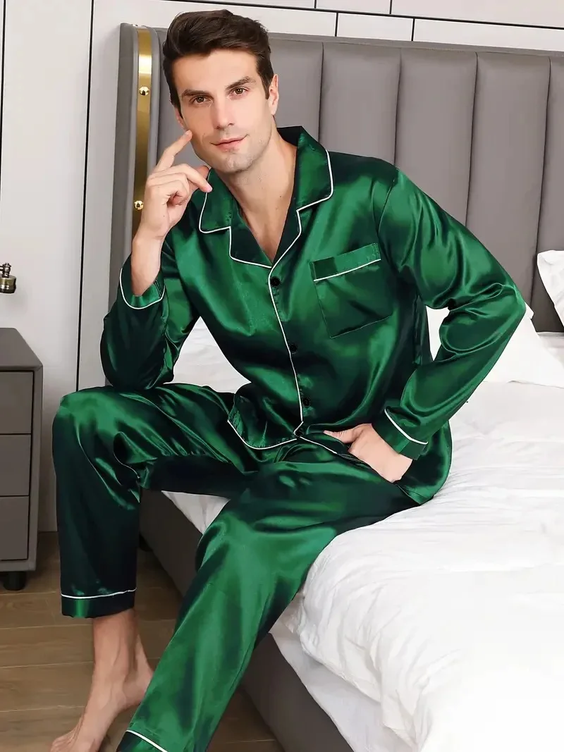 Men Pajamas Set Silk Satin Nightwear Shirt Long Sleeve Pijama Male Fashion Soft Home Suit Big Size Spring Sleepwear For Sleeping