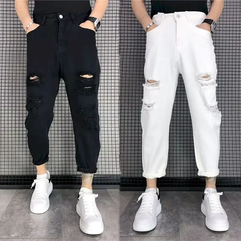 

Japanese Trend 2025 New Summer Men Ripped Hole Jeans White Green Black Ankle Length Youth Fashion Loose Denim Harem Cargo Pants