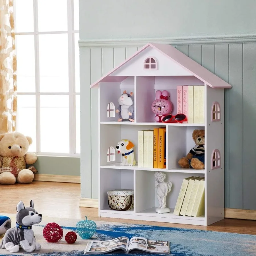 Estantería de madera para casa de muñecas, estantería para casa de muñecas de 3 niveles, libros, juguetes, organizador de almacenamiento, estantes para dormitorio, sala de juegos, jardín de infantes