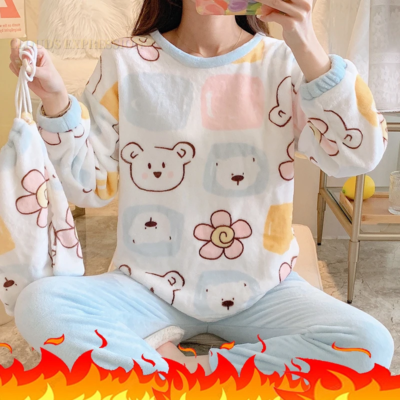 Winter Flannel Young Women\'s Pajamas Sets Classic Dots Printed Duck Sleepwear Velvet Homewear Kawaii Girls Pijamas Mujer Pyjama