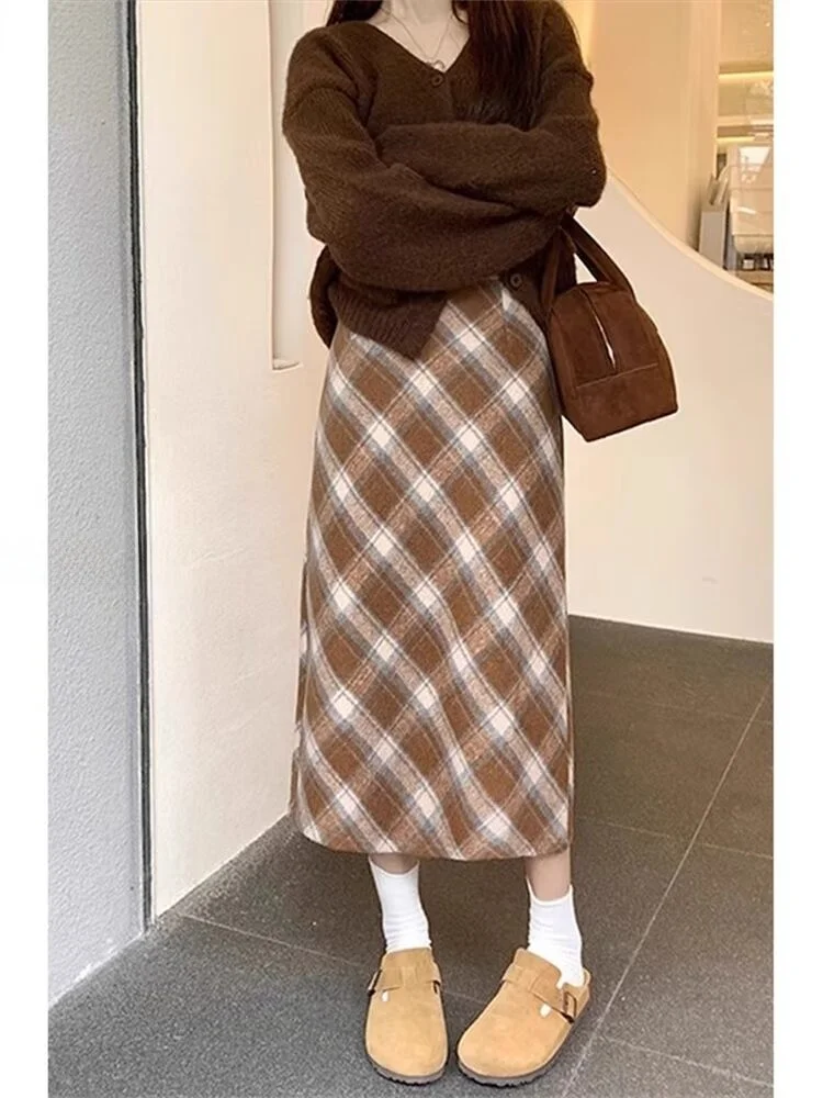 Khaki Woolen Plaid  Skirt Women's High Waist Slimming Pear Shape Mid-Length A-Line Skirt Korean Style Autumn Fashion
