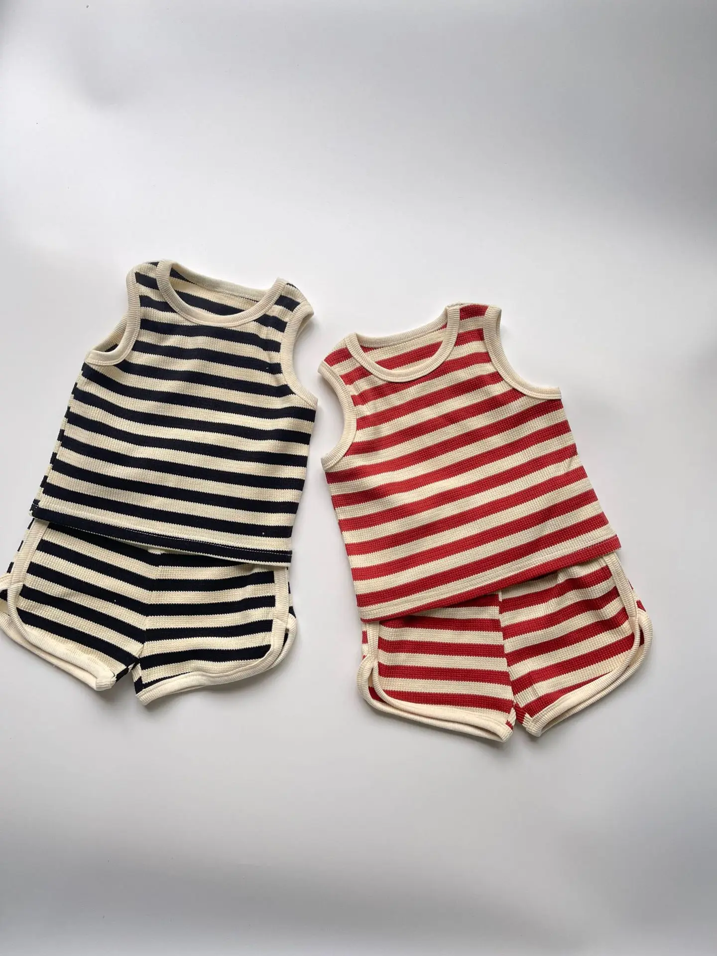 Summer Boy Girl Children Waffle Striped Sleeveless Tops + Shorts 2pcs Baby Cotton Loose Thin Vest Suit Kid Casual T-shirt Set