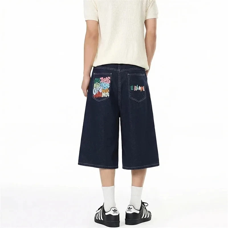 Retro Men's Denim Shorts Colorful Letter Printting Dark Wash Baggy Fit Knee Length Pants Summer Casual Streetwear