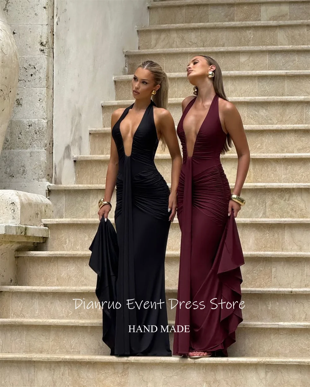 Dianruo Abiti da sera lunghi eleganti a sirena con scollo a V profondo Abiti da festa in chiffon senza maniche Abiti da ballo 2025 Personalizzato