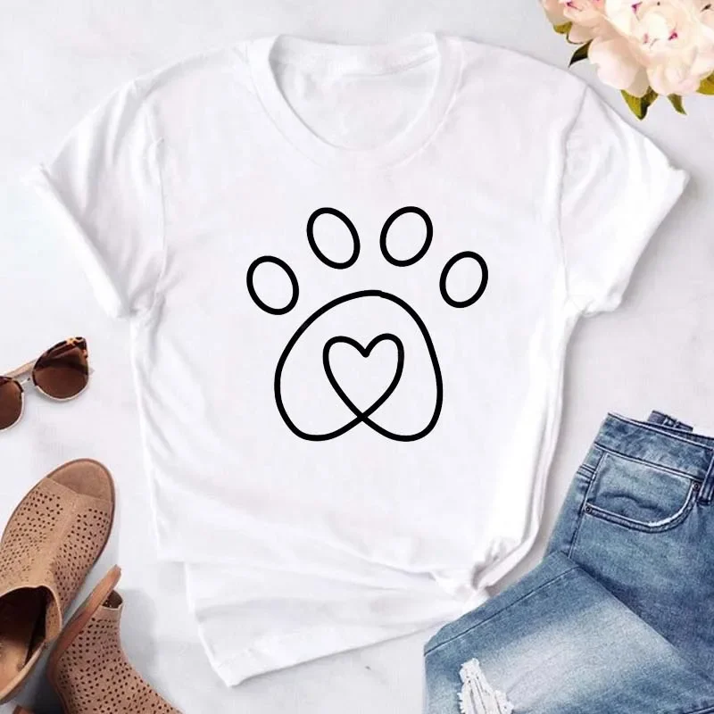 Maycaur New Love Heart Dogs Paws Print T Shirt Women Cartoon T-shirt Funny Black T-shirt Summer Fashion O-neck Aesthetic Tshirts