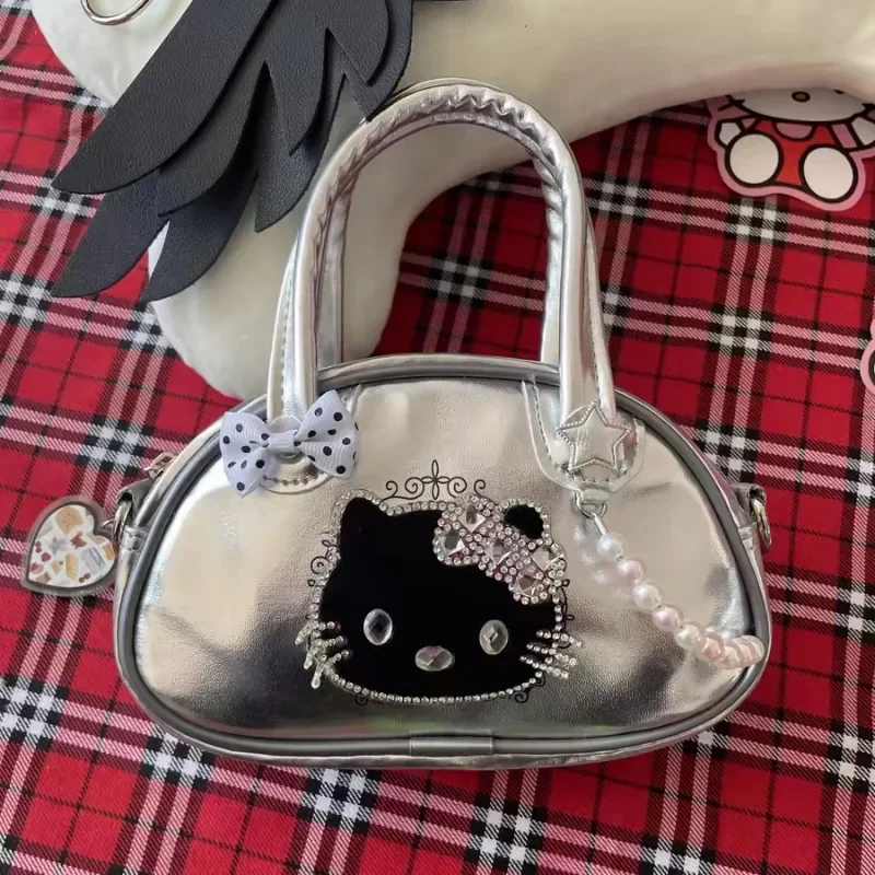 

MBTI Y2k Silver Handbags for Women Hello Kitty Harajuku Fashion Pearl Shoulder Bag Pu Leather Cute Bow All-match Crossbody Bag