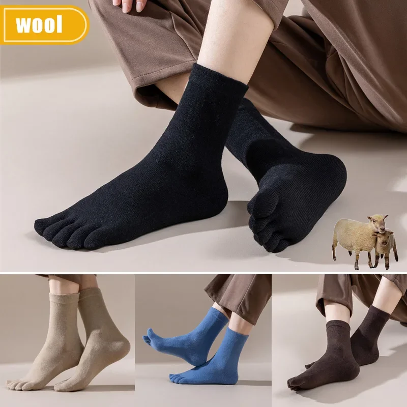 Meias masculinas de lã com cinco dedos, curtas, grossas, sólidas, absorventes de suor, vestido de negócios, macio, respirável, manter o calor, meias térmicas de inverno
