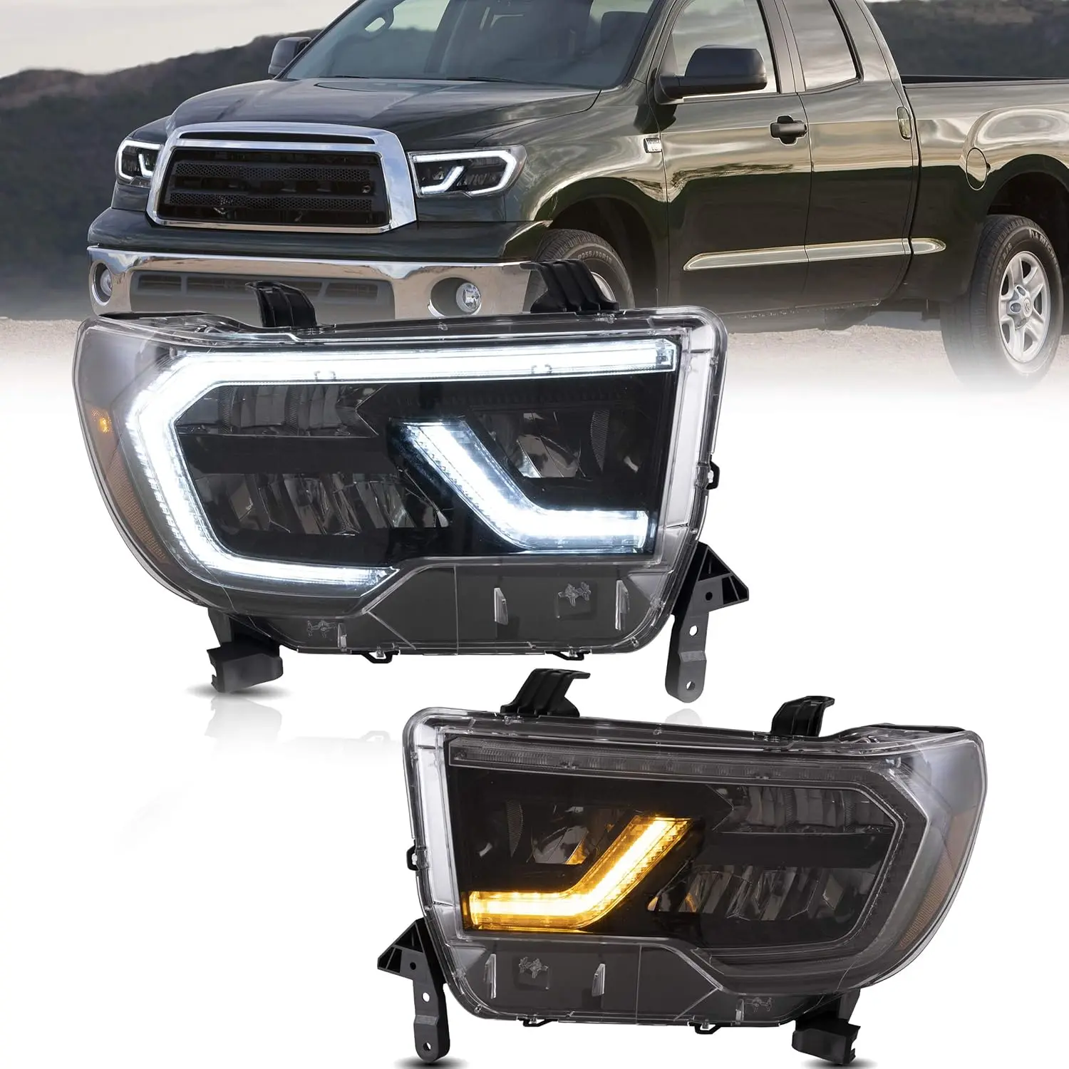 

Светодиодные фары подходят для Toyota Tundra 2007-2013/Sequoia 2008-2021 с последовательным указателем поворота, с алмазным белым DRL и светодиодной отражением