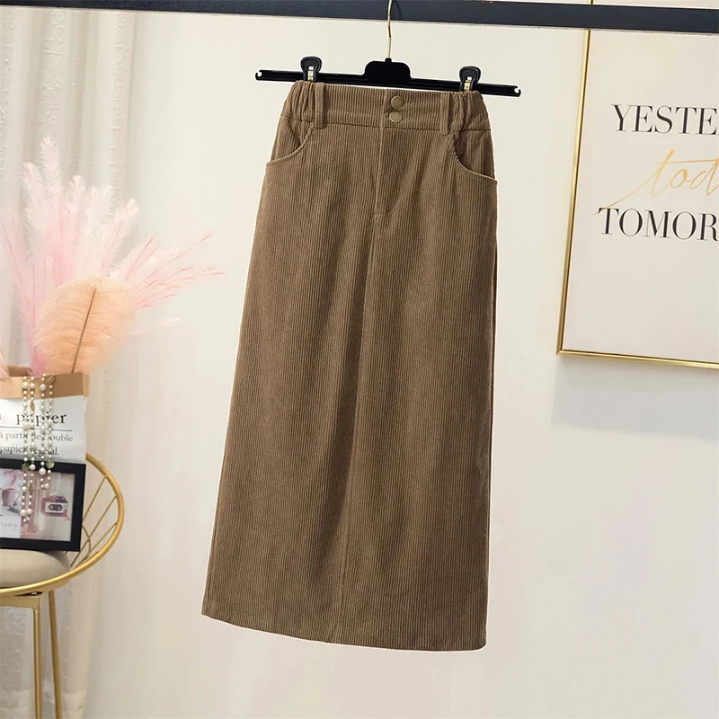 Corduroy Women Skirts Y2K Fall/winter High Waist Solid All-Match Wrap-Around Skirts Korean Elegant Office Lady Midi Skirts New