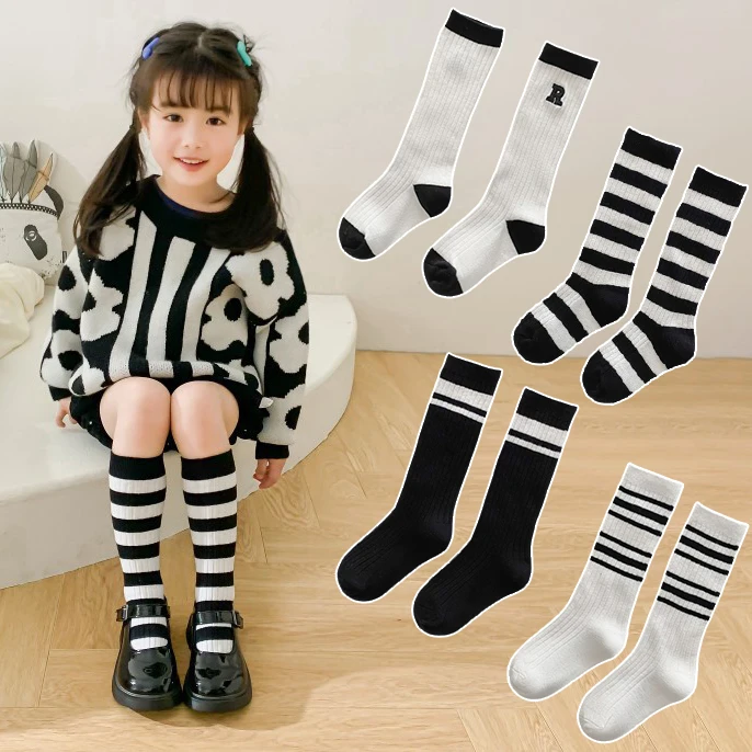 Spring Autumn Baby Cotton Kids Floor Sport Stockings New Korean White Black Striped Knee High Long Socks for Children Clothes