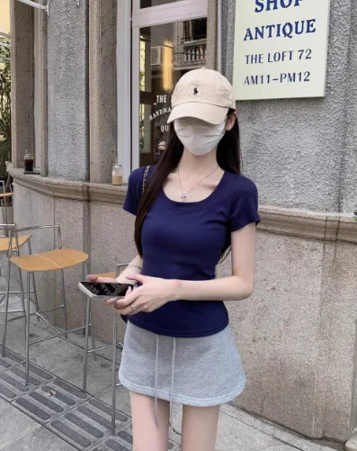 Women's Short Sleeves Front Shoulder Yellow Short-sleeved T-shirt Women's 2026 New Inner High-end Bottoming Shirt Front Shoulder
