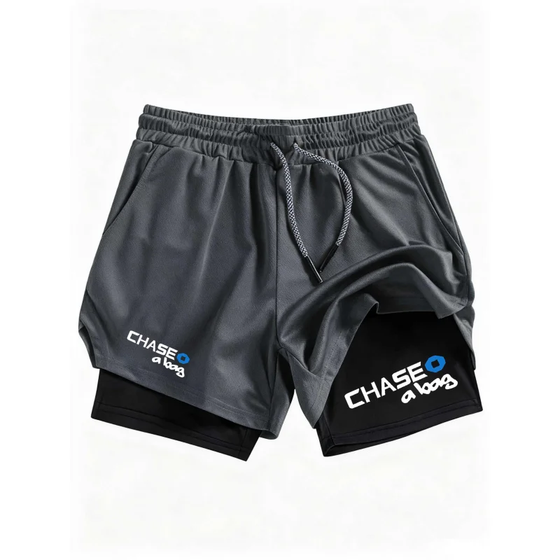 

CHASE Men'S 2-In-1 Sports Shorts Quick Drying Running Gym Fitness Training Double Layered Letter Print