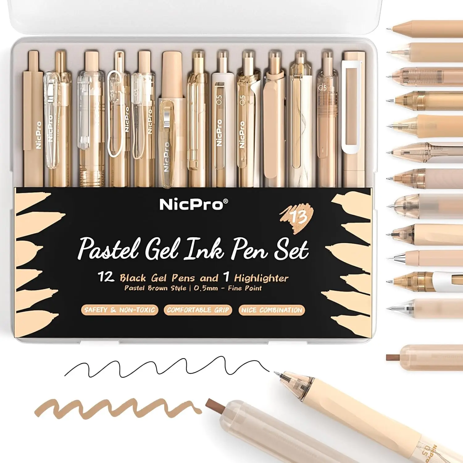 

13 Pastel Gel Pens Set with Case, Retractable 0.5mm Fine Point, 12 Black Ink + 1 Highlighter, Aesthetic Drawing Pen for Student Note Taking, Writing, Office Supplies (Brown)