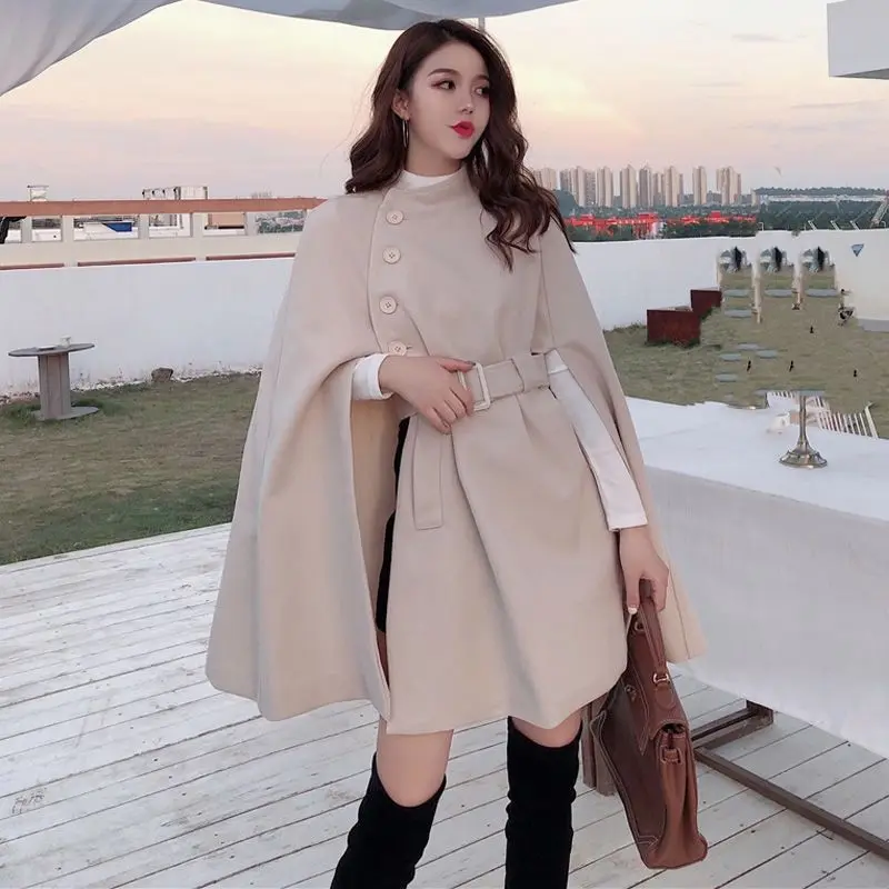 2024Autumn High Quality New Woolen Cloth Shawl Cape Poncho With Belt Women Mid-length Korean Sleeveless Casual Ladies Cape Coats