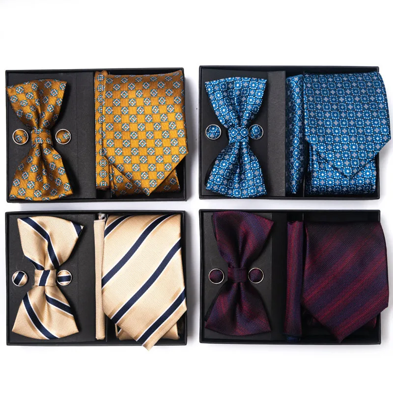 Business Gifts High quality Men's Tie 1200 pin striped cashew nut flower tie Bow tie Pocket square cufflinks Gift box set