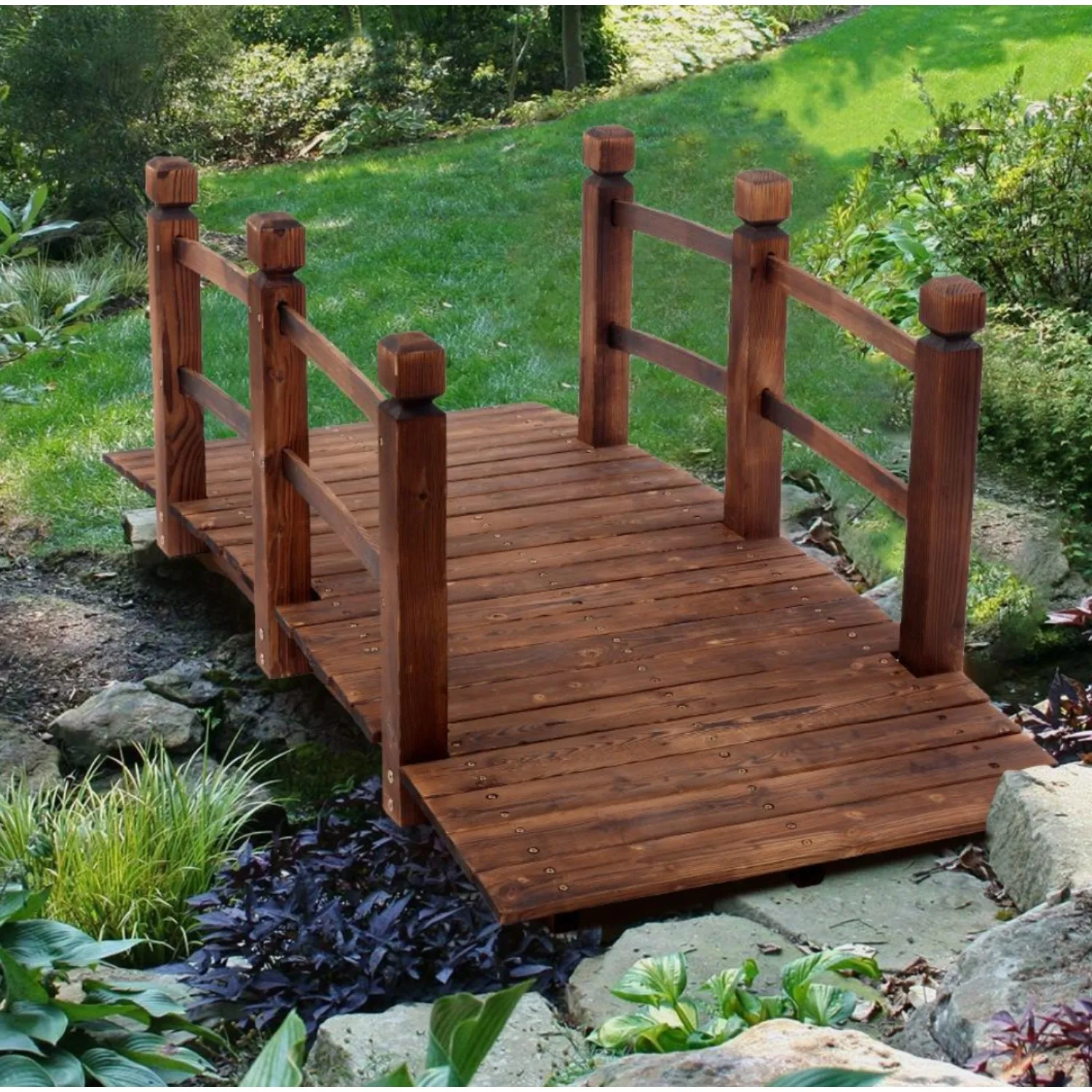 5 Ft Wooden Bridge Stained Finish Yard Decor Wood Garden Pond Arch Walkway