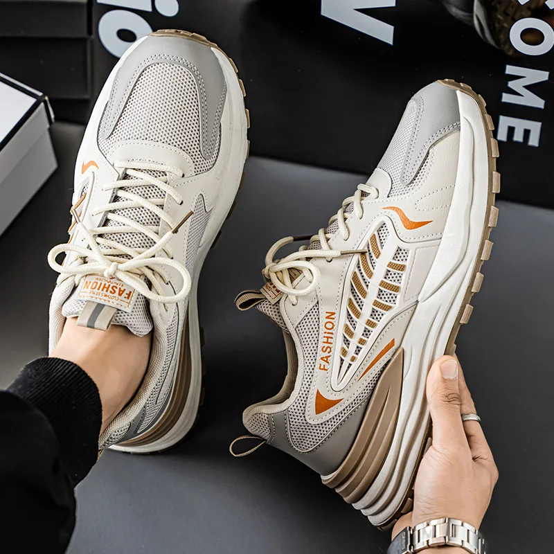 Men's Summer Casual Shoes Versatile Thick Bottom Running Shoes Breathable Mesh Upper Korean Style Dad Shoes Fashionable Low Top