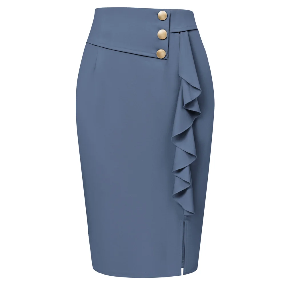 

BP Women Skirt Vintage Front Slit High Waist Button Ruffle Decorated Bodycon Skirt Elegant OL Slim Fit Hips-wrapped Skirt