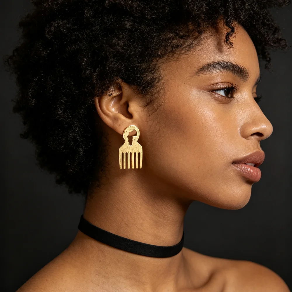 18K vergoldetes afrikanisches Kamm-Ohrringe- & Ring-Set für Damen, gebürsteter, strukturierter ethnischer Statement-Schmuck, Hochzeitsgeschenk – Detail 4