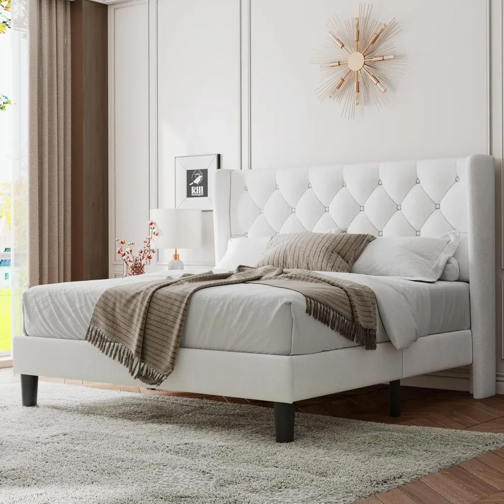 

Queen Size Bed Frames with Tufted Wingback Headboard Upholstered, Sturdy Wooden Slats, No Box Spring Needed, Bed Frames