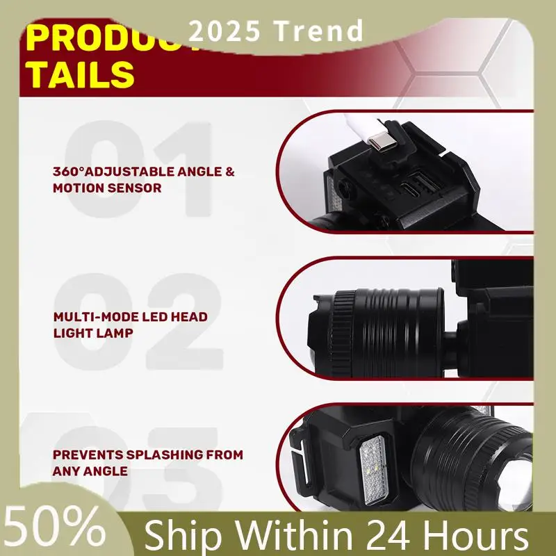A35F جديد 1 مجموعة LED رئيس ضوء التخييم كشافات 360 °   قابل للتعديل زاوية المصباح مصباح يدوي استشعار الحركة لصيد الأسماك