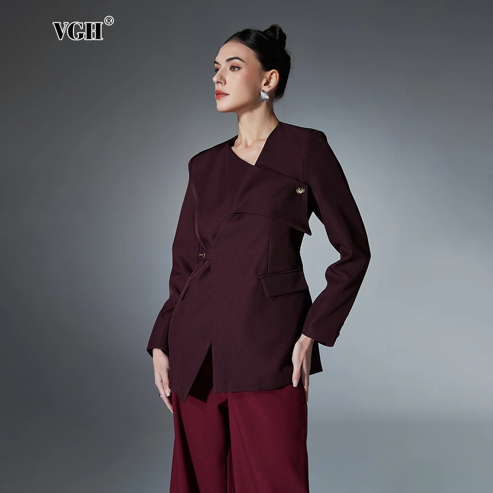 VGH Solide Verstärktes Gürtel Temperament Blazer Für Frauen Diagonal Kragen Langarm Patchwork Taste Chic Mäntel Weibliche Mode Neue