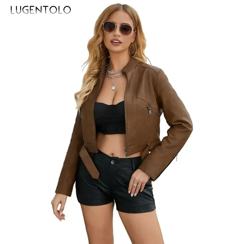 Women PU Jacket Fall 2024 Outdoor Faux Leather Biker Fashion Belt Long Sleeve Zip Cardigan Tops Elegant High Street Wear Coat