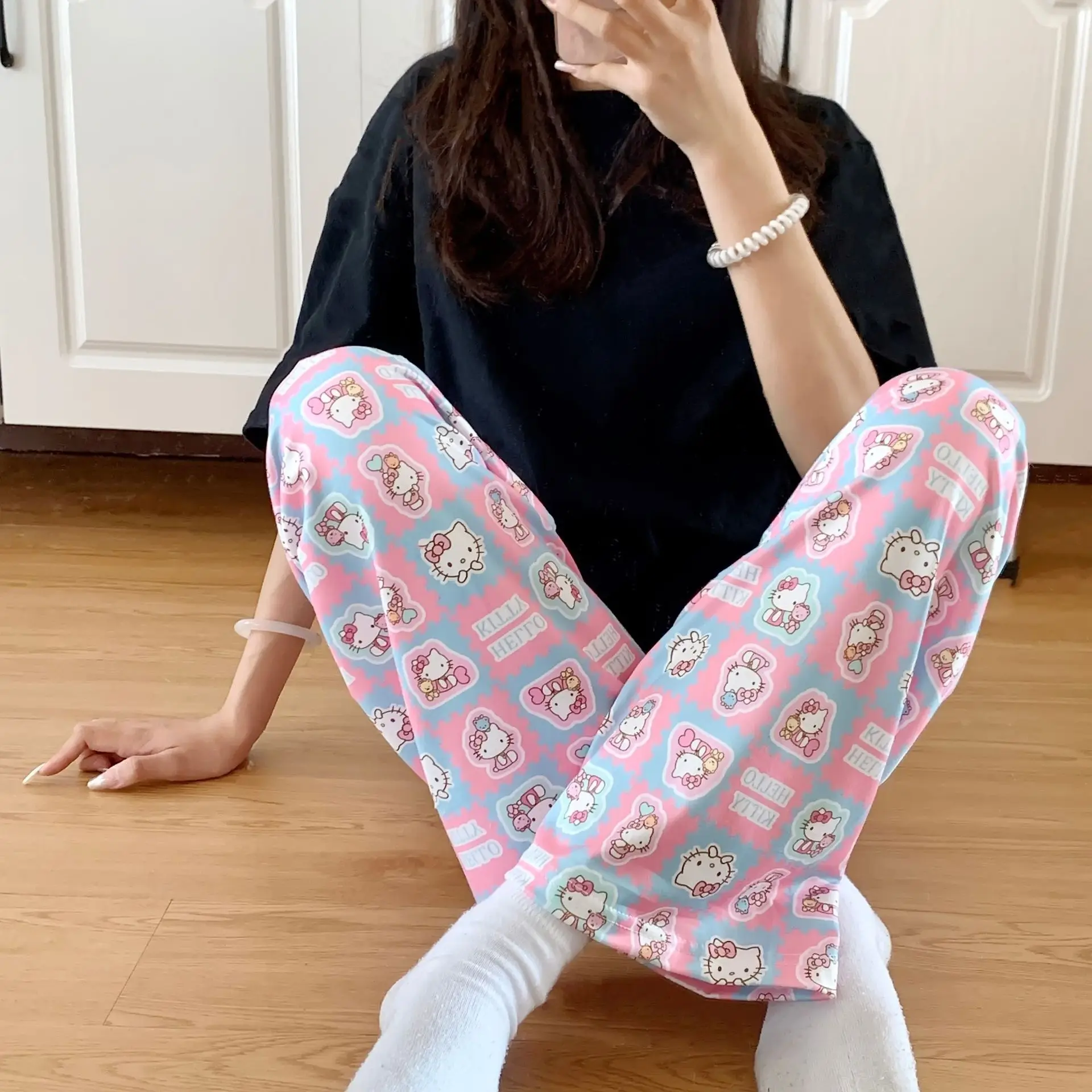 Anime Vrouwelijke Hello Kitty Pyjamabroek Lente Zomer Sanrios Nieuwe Cartoon Losse Leuke Homewear Vrije tijd Comfortabele Pyjamabroek