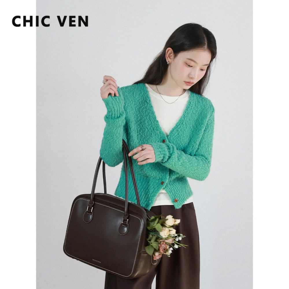

CHIC VEN Fashion Women Sweaters Retro Solid Single Breasted Casual V-neck Slim Short Knitted Cardigan Spring Autumn 2025