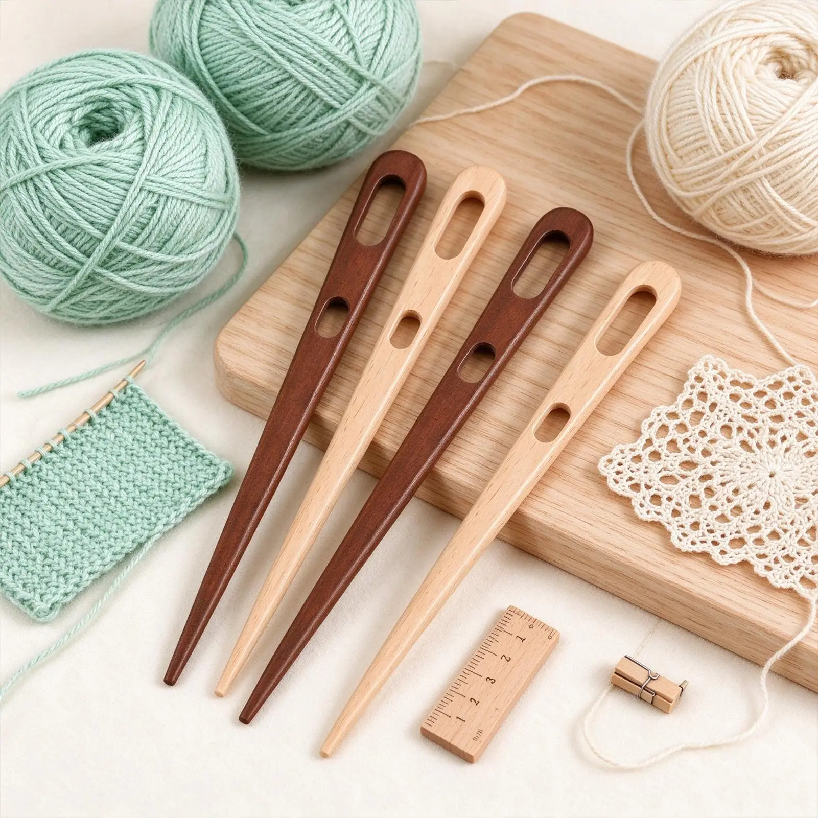 Tapestry Needles 4 Pieces Wooden Two-Eyed Tapestry Making Hook Nalbinding Knitting Needle For Darning Weaving Knitting