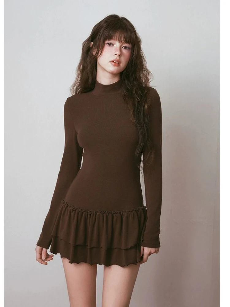 Estilo japonês Harajuku Y2K menina picante gola alta slim fit vestido de manga comprida outono e inverno nova tendência vestido em camadas emo