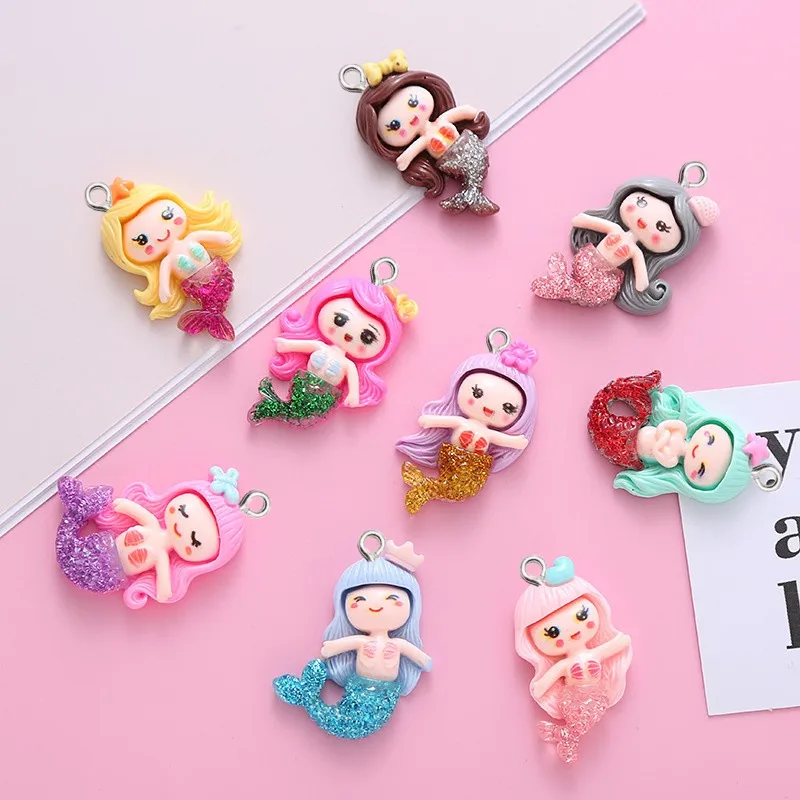 10Pcs Catoon Mermaid Princess Resin Charms Girl DIY Earrings Necklace Jewelry Pendants Making Children Fashion Handmade Art Hook