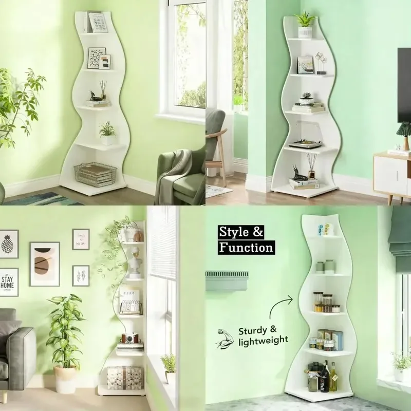 White 5 Layer Wavy Corner Bookshelf Adjustable Storage Plant Shelf for Living Room Bedroom Office