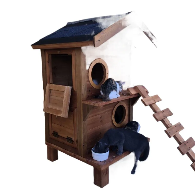 Outdoor cat house indoor and outdoor cat house villa, double-layer solid wood household all-season cat nest