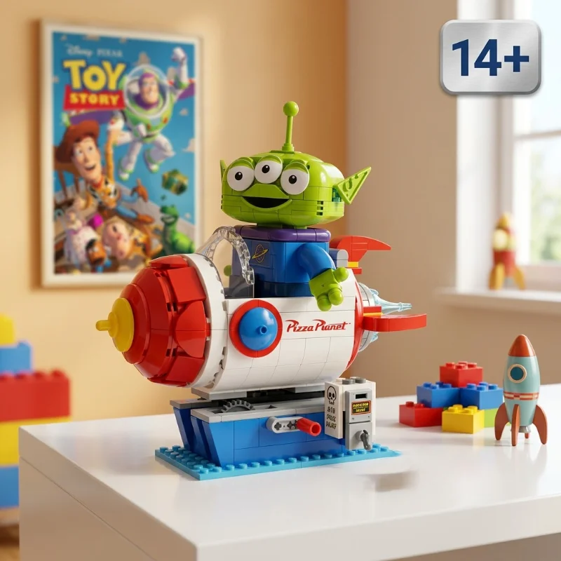 570pcs 2026 Popular Three Eyed Alien Building Blocks Classic Movie Pizza Planet Rocket Ride Diy Assembly Model Desktop Ornament