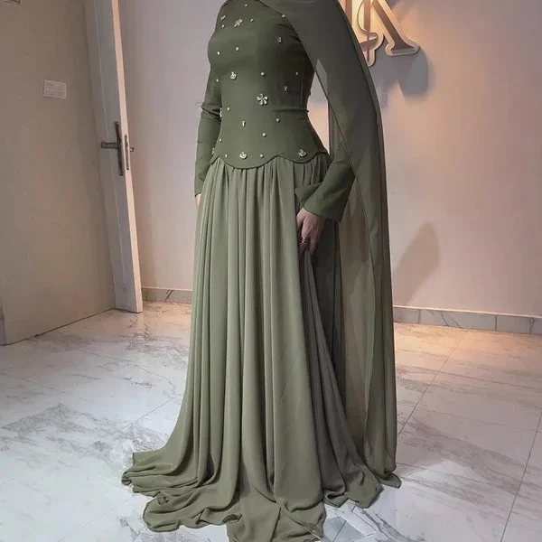Muslim Olive Green Beaded Prom Dresses Ruffled Elegant Evening Dress Arabic Flowy Dubai Formal Wedding Party Gown Customized