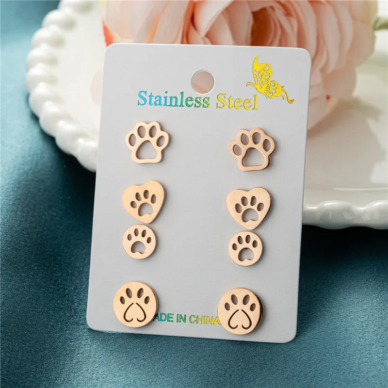4Pairs/Lot Lovely Stainless Steel Dog Paw Stud Earrings for Women Everyday Jewelry Fashion Animal Cat Footprint Earing Accessory