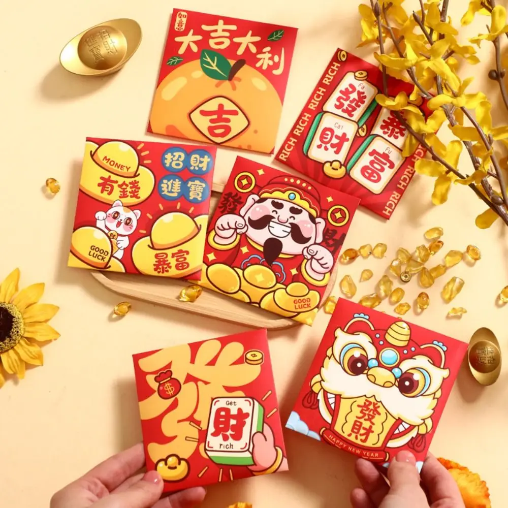 6Pcs Cartoon Chinese Snake Year Red Envelope Blessings Printing Best Wishes New Year Money Envelope Thickened Traditional