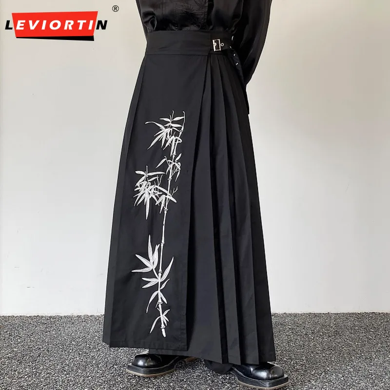 Men Irregular Pants Chinese Embroidery Pleated Mamianqun A-line Skirt Trousers Streetwear Trend Casual Long Pants