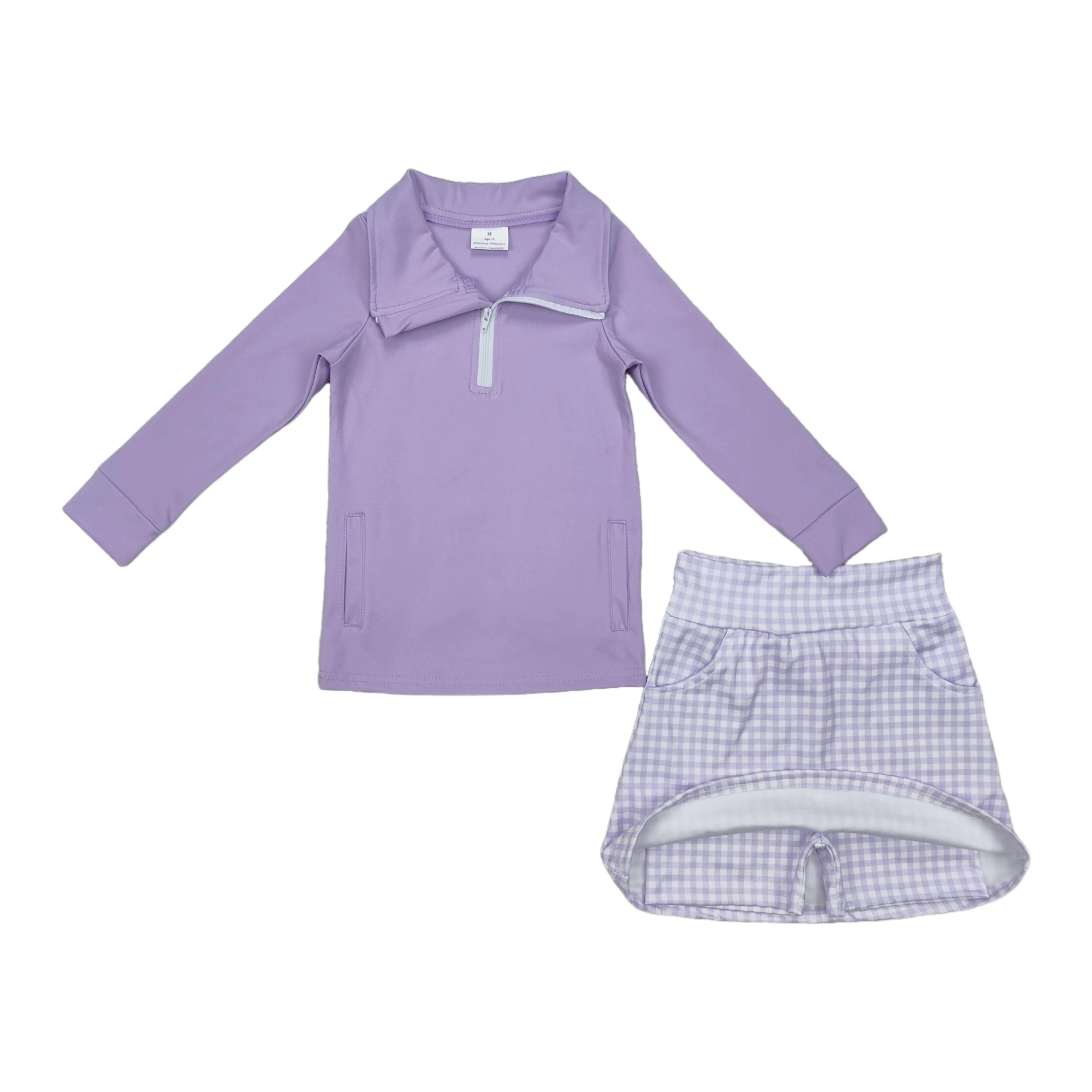 

Wholesale Baby Girl Long Sleeves Shirt Children Active Outfit Infant Toddler Kids Skirt Shorts Plaid Pockets Skorts Purple Set