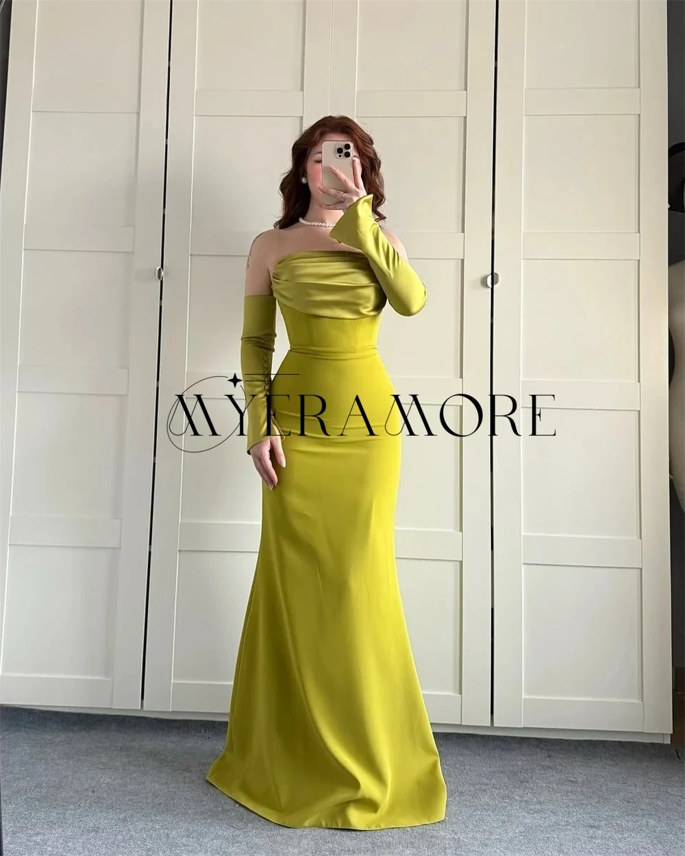 

Simple Detachable Long Sleeve Evening Dresses Green Mermaid Pleat Prom Dresses Customized robes de soirée