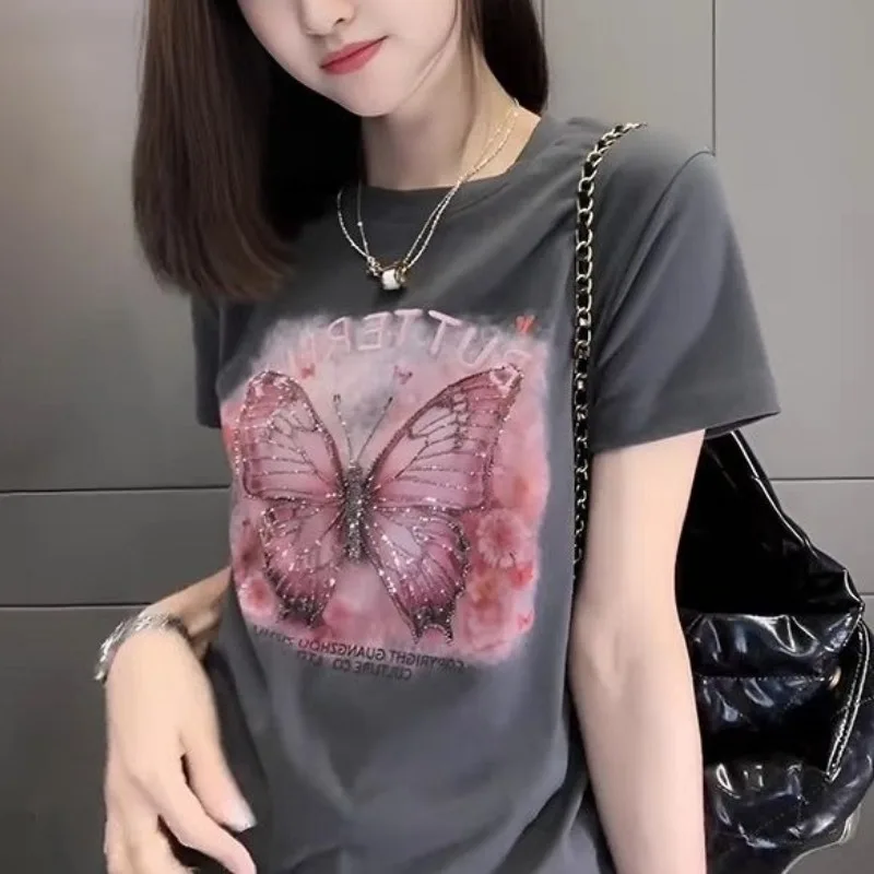 Summer Women\'s Pullover Round Neck Letter Butterfly Printing Bright Silk Short Sleeve Rhinestone T-shirt Casual Commute Tops