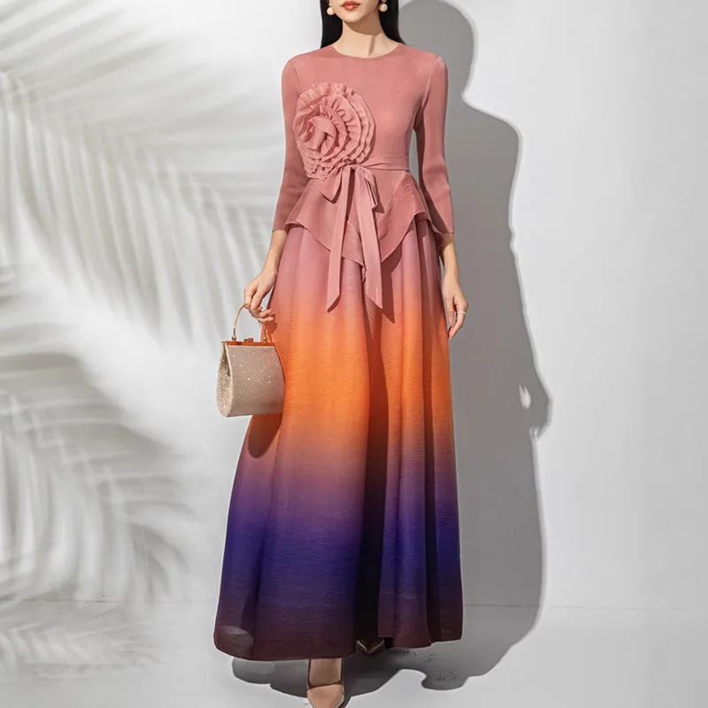 YFPF أنيقة التدرج فستان طويل المرأة مياكي مطوي ثلاثية الأبعاد زهرة تقسم الدانتيل متابعة تجمع الخصر فساتين الحفلات موضة 2026 جديد