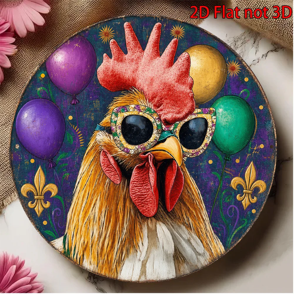 2D Flat, 1pc 8x8in/20x20cm 2D Flat Round Aluminum Sign, Vintage Rooster Party Aluminum Plaque, Mardi Gras Decorative Sign, Suita